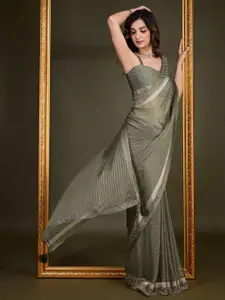 Trendmalls Striped Embellished Beads and Stones Pure Chiffon Saree