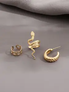 KRENOZ 3 Pieces Gold-Plated Brass Classic Hoop & Stud & Cuff Earring