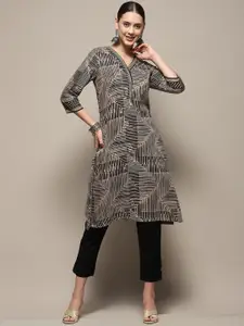 Biba Abstract Printed V-Neck Cotton A-Line Kurta