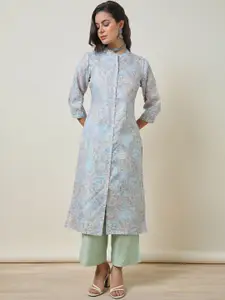 Soch Blue Floral Printed Mandarin Collar Puff Sleeves Straight Kurta