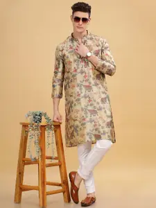 Anouk Cream-Coloured Animal Floral Printed Mandarin Collar Straight Kurta