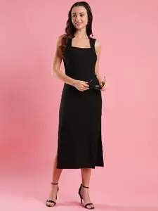 Globus Square Neck Side Slit Ribbed Midi Bodycon Dress