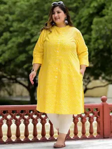 KALINI Plus Size Leheriya Printed Mandarin Collar Cotton Straight Kurta