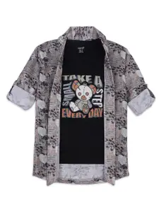 CAVIO Boys Printed Collarless Jacket With T-shirt