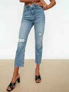 Trendyol Women Cotton Mid-Rise Regular Fit Mildly Distressed Light Fade Ripped Jeans