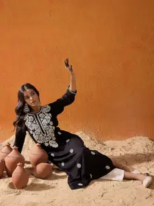 Indo Era Black Floral Embroidered Straight Kurta