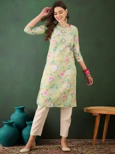 Sangria Floral Printed Mirror Work Cotton Straight Kurta