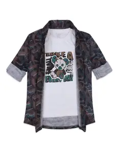 CAVIO Boys Printed Collarless Jacket With T-shirt