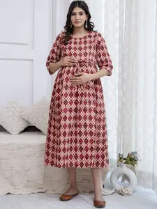 Nayo Printed Cotton Maternity Fit and Flare Midi Dress