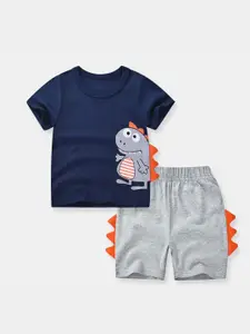 StyleCast Boys Navy Blue & Grey Printed Pure Cotton T-shirt with Shorts
