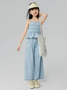INCLUD Girls Smoked Peplum Denim Top with Trousers