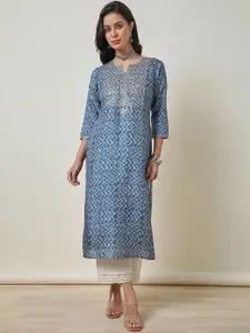Soch Blue Abstract Printed Notched Round Neck Sequinned Straight Kurta