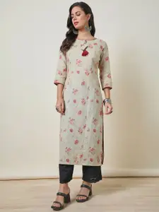 Soch Beige Floral Printed  Boat Neck Panelled Pure Linen Straight Kurta