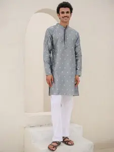 HOUSE OF KARI Floral Printed Mandarin Collar Long Sleeves Jacquard Straight Kurta