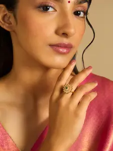 Kushal's Fashion Jewellery Embellished Bridal 92.5 Silver Gold Plated & Stone Studded Ring