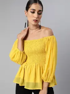 Sera Women Solid Smocked Off-Shoulder Top