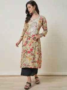 Soch Yellow Floral Printed Thread Work Straight Kurta