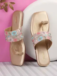 Mochi Women Embroidered Open Toe Flats