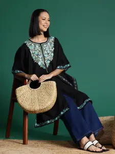 Sangria Black Floral Embroidered Jacquard Weave Acrylic Kaftan Kurta