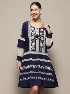 Biba Ethnic Motifs Print Tie-Up Neck A-Line Dress