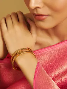 Kushal's Fashion Jewellery Set of 2 Gold Plated Artificial Stones Studded Antique Bangles
