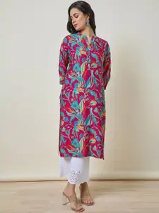 Soch Fuchsia Pink Floral Foil Printed Mandarin Collar Straight Kurta