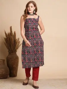 FASHOR Geometric Printed Square Neck Pure Cotton Straight Kurta
