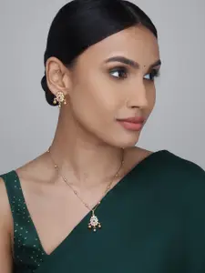 Kushal's Fashion Jewellery 92.5 Pure Silver Stone Studded Temple Pendant Set