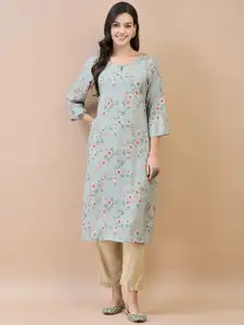 Shree Women Floral Printed Keyhole Neck Flared Sleeves Thread Work Kurta