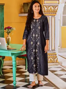 SAVI Denim Embroidered A Line Kurta