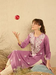 Indo Era Women Paisley Embroidered Thread Work Pastels Kurta