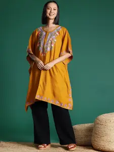 Sangria Mustard Yellow Floral Embroidered Jacquard Weave Acrylic Kaftan Kurta