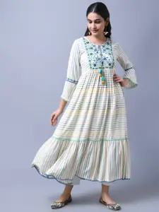 Anouk Embroidered Striped Round Neck Empire Midi Ethnic Dress