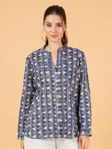 IX IMPRESSION Women Relaxed Mandarin Collar Abstract Printed Cotton Casual Shirt