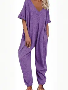 KPOP Women Solid V-Neck Short Sleeve Basic Jumpsuit
