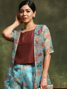 Sangria Embellished Top With Printed Palazzos & Shrug Co-Ords