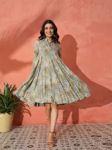 InWeave Shirt Collar Floral Print A-Line Dress