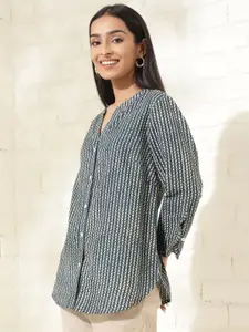 Fabindia Women Mandarin Collar Abstract Printed Cotton Casual Shirt