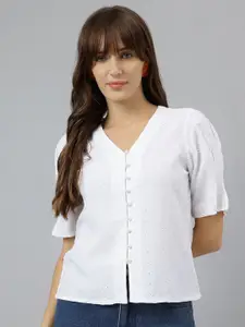 Latin Quarters Women Collarless Schiffli Casual Shirt