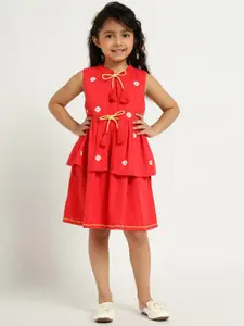 Somersault Girls Cotton Layered Fit & Flare Dress & Bow Detailed Shrug Set