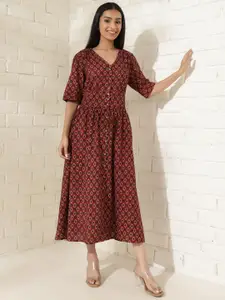 Fabindia V-Neck Printed Fit and Flare Midi Dress