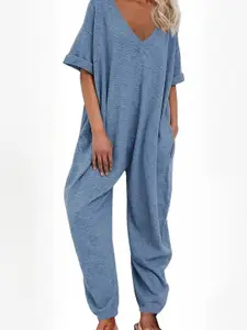 KPOP Women Solid V-Neck Short Sleeve Basic Jumpsuit