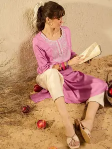 Indo Era Women Ethnic Motifs Flared Sleeves Mirror Work Pastels Kurta