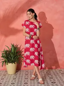 InWeave Printed Short Sleeves A-Line Midi Dress