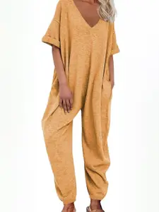 KPOP Basic Yellow V-Neck Solid Short Sleeves Polyester Basic Jumpsuit