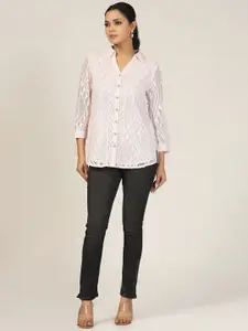 Mustard Women Spread Collar Schiffli Cotton Casual Shirt