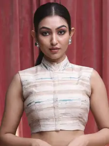 Indethnic Printed Mandarin Collar Sleeveless Saree Blouse