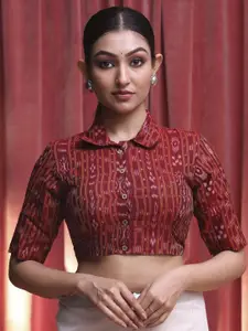 Indethnic Printed Cotton Shirt Collar Short Sleeves Saree Blouse