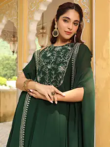 Janasya Floral Embroidered Georgette Fit & Flare Maxi Ethnic Dress With Cape