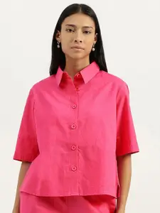 United Colors of Benetton Women Spread Collar Solid Cotton Linen Casual Shirt